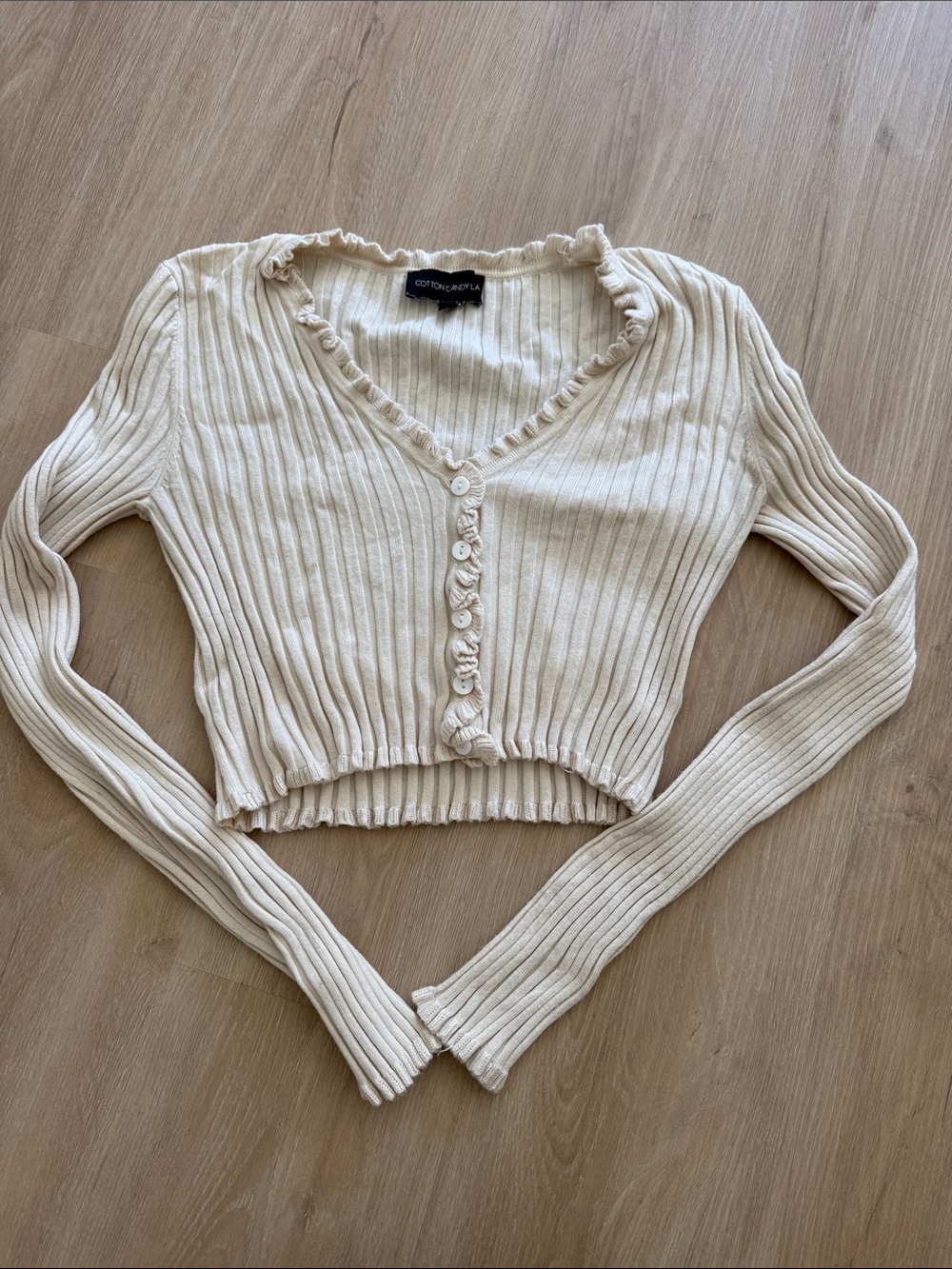Cotton Candy Cream Ribbed Cropped Button-Front Cardigan